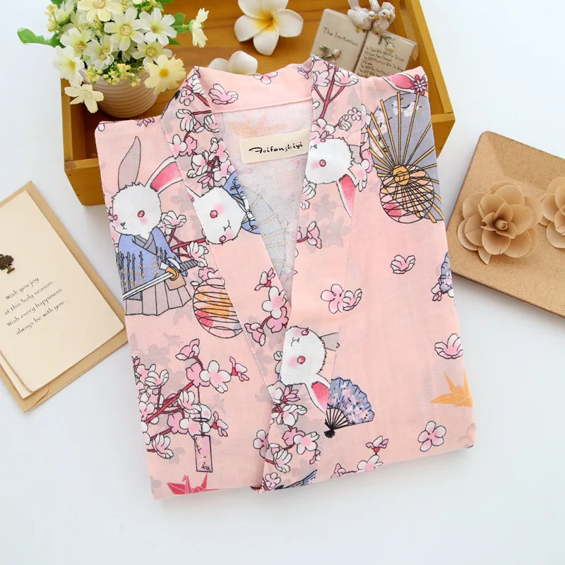 Весна хлопок японское кимоно халаты для женщин с длинным рукавом Женские халаты сексуальный милый мультяшный кролик халаты - Цвет: RB Rabbit pink