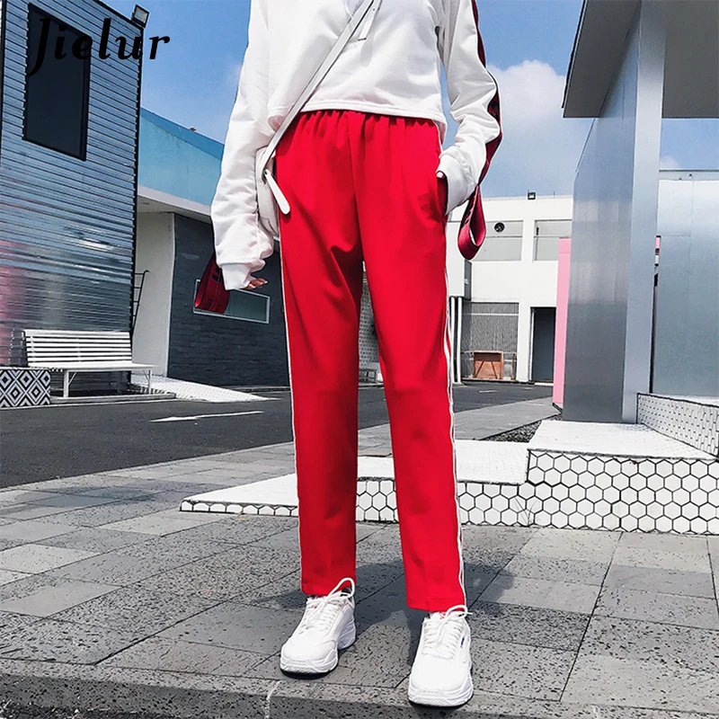 

Jielur Harajuku Women's Pants Hip Hop Harem Pants White Striped Korean Style Female Trousers Elastic Waist Capris Calca Feminina