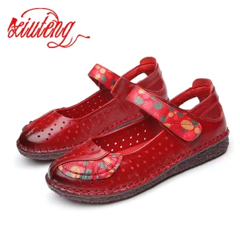

Xiuteng Summer Loafers Women Moccasins Hole Shoes Women Genuine Leather Slip-On Ballet Flats Round Toe Flower Zapatillas Mujer