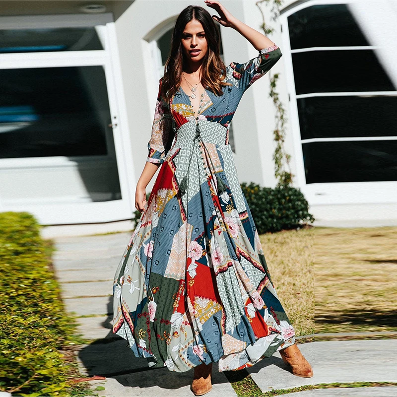 

Boho Floral Print Long Plus Size Women Dress V Neck Button Split Ruched Dresses Summer Casual Beach Female Maxi Vestidos
