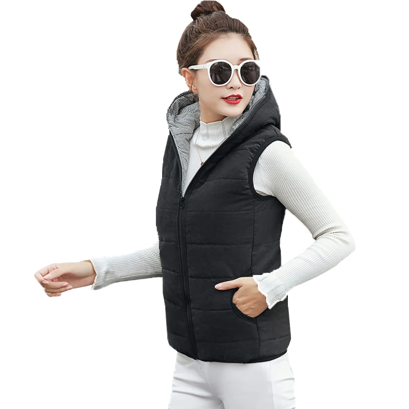 

Ailegogo New Women Vest Autumn Winter Cotton Hooded Waistcoat Casual Slim Female Sleeveless Jacket 2018