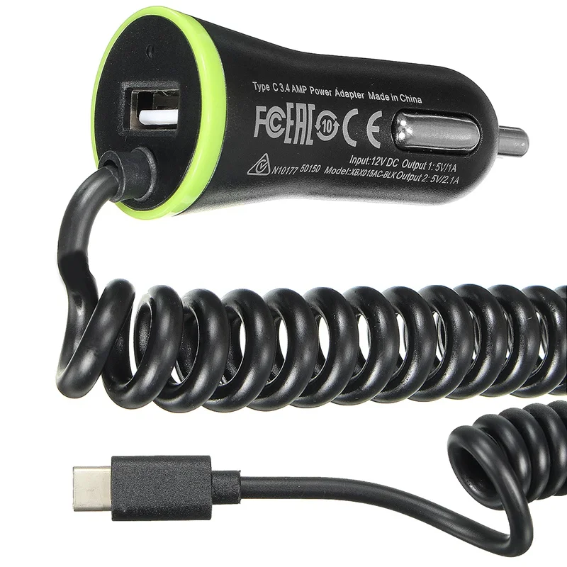 Type C USB 3.1 Auto Power Car Charger 5V 3.4A Coiled Spring Cable Car