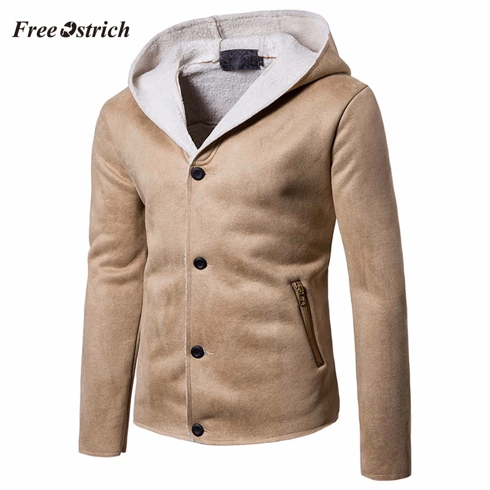 

Free Ostrich Men's Jacket With Button Hoodies In Pure Color Long Sleeve Deerskin Inner Velvet Warm Coat Outwear For Men New
