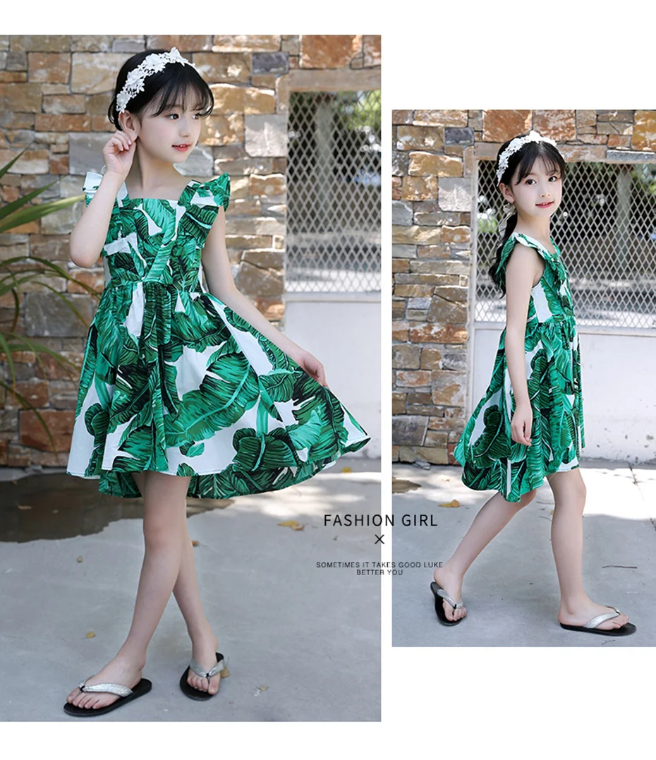 Новое летнее платье для девочек коллекция года, пляжные праздничные платья для девочек, праздничные Детские платья с принтом листьев зимняя одежда для девочек-подростков возрастом от 4 до 14 лет