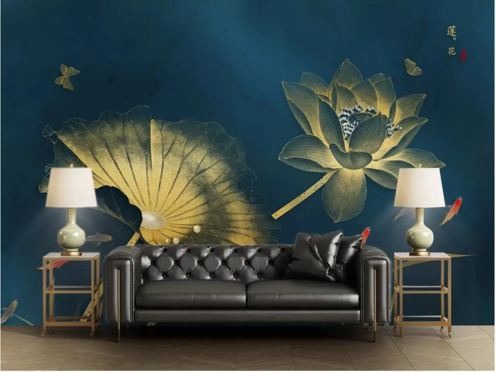 Customized 3D mural wallpaper abstract gold light luxury background wall lotus decorative painting