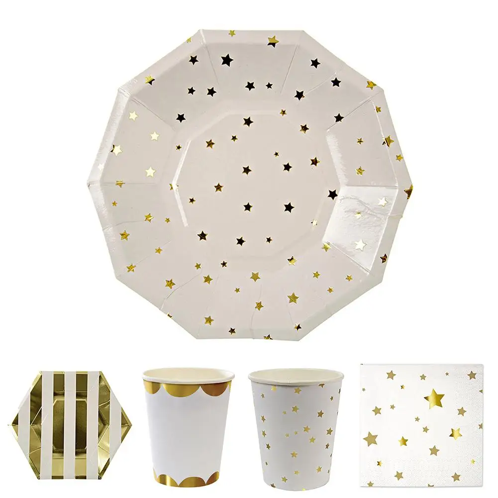 

Golden Striped Five-Pointed Star Plate Party Decoration Dinner Plates Napkins Disposable Tableware Family Gatherings Supplies