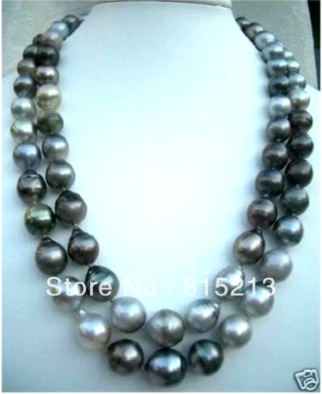 

FREE SHIPPING>>>@@ > N826 48"double strands 12-13mm TAHITIAN NATURAL BLACK GRAY green PEARL NECKLACE