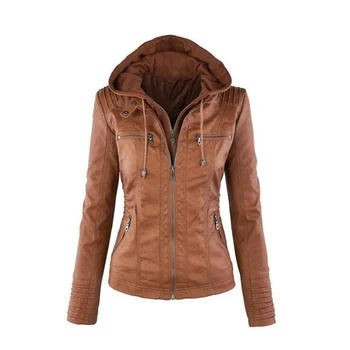 

New Tide Autumn Winter Long-sleeve Jacket Lapel Zipper PU Coat For Women Fashion Women Causal Leather Jacket Coats With Hoodie