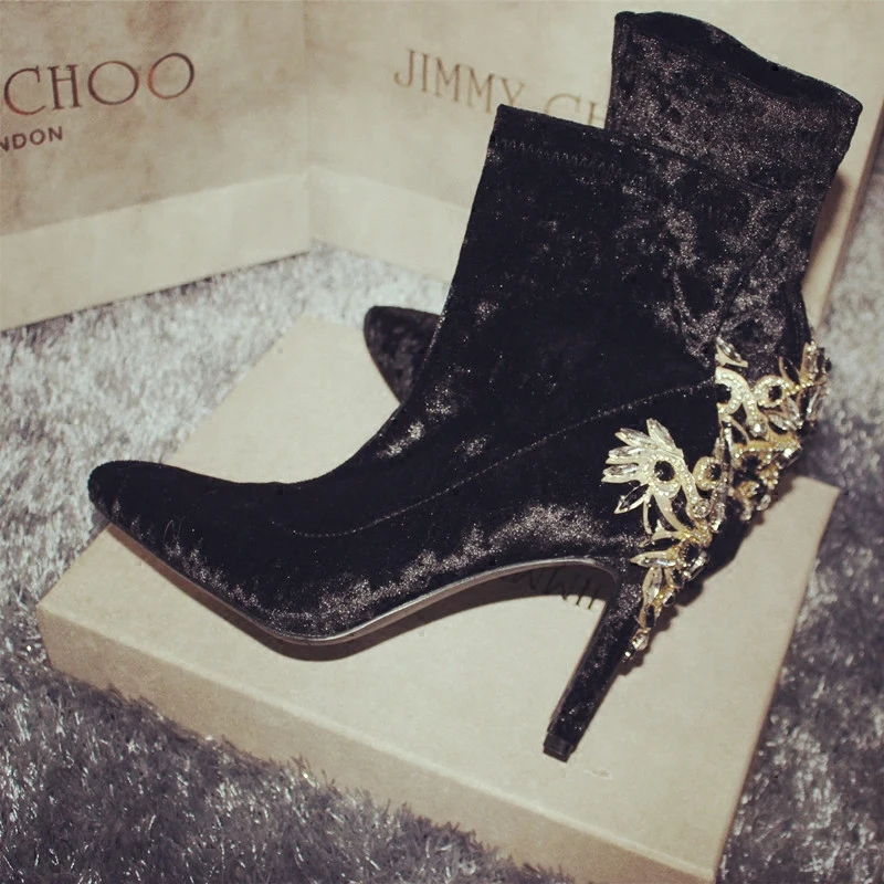 

Autumn Women's Black Velvet Ankle Boots Pointed Toe High Heels 9cm Stilettos Rhinestones Pull On Shoes Stretchy Sexy G45