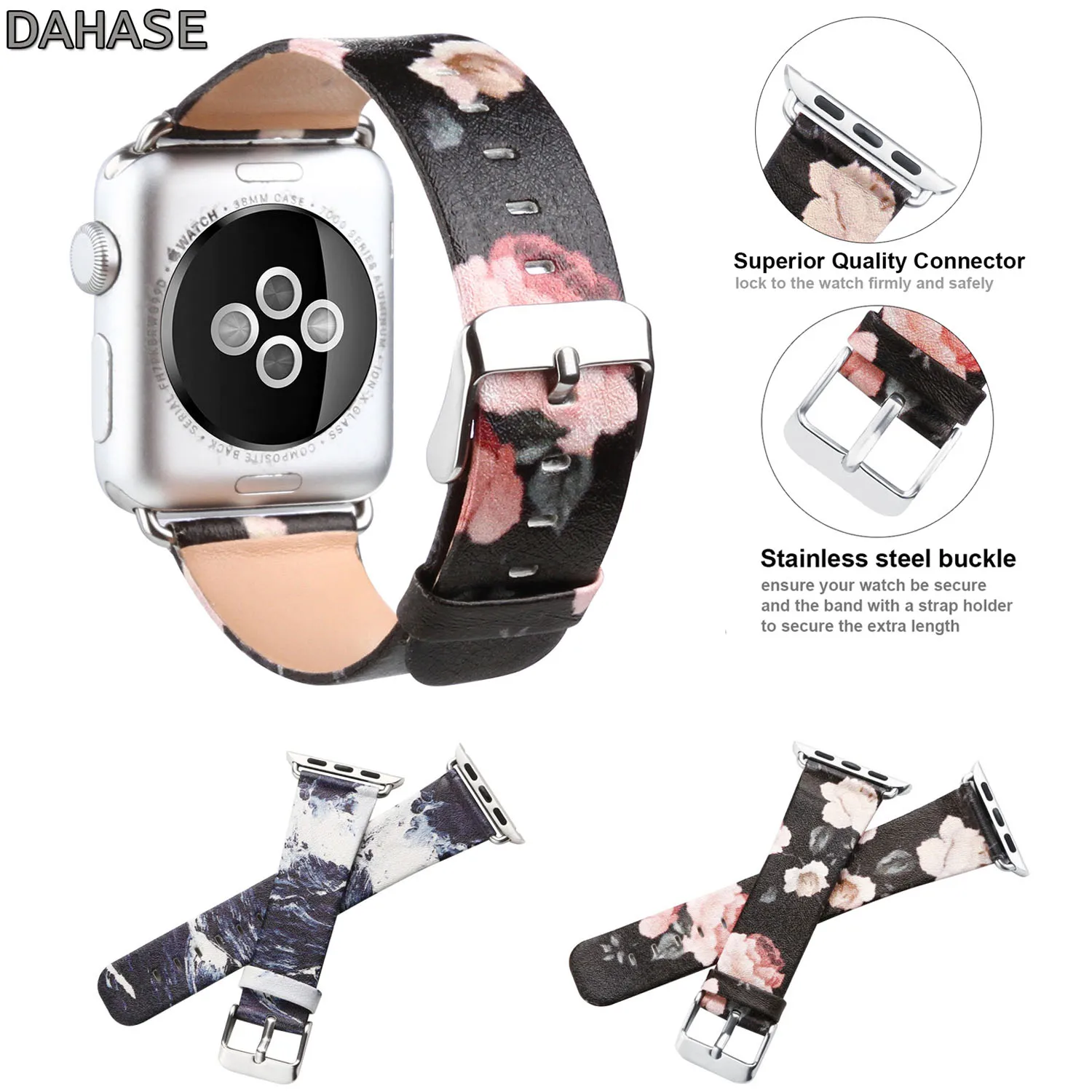 

DAHASE Rose Flower Wave Leather Watch Strap for Apple Watch Band 42mm 38mm Replacement Bracelet Series 1 2 3 Wristband