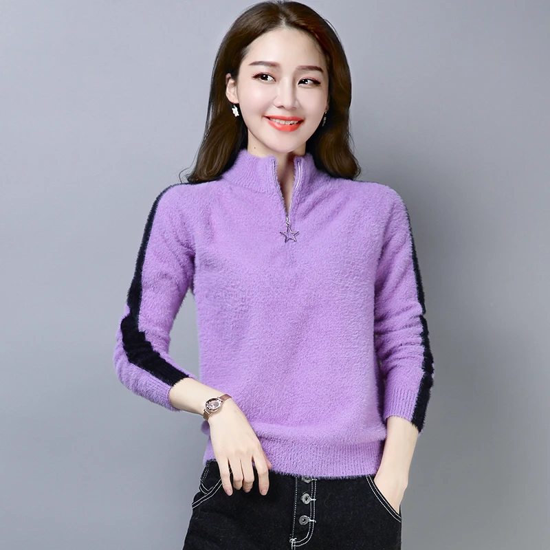 #^Special Price 6 Colors Brand Women Sweater 2019 Autumn Winter Sweater Hit Color Zipper Thicken Knit Turtleneck Sweater Pullover Sweater Ladies #^Special Price 6 Colors Brand Women Sweater 2019 Autumn Winter Sweater Hit Color Zipper Thicken Knit Turtleneck Sweater Pullover Sweater Ladies