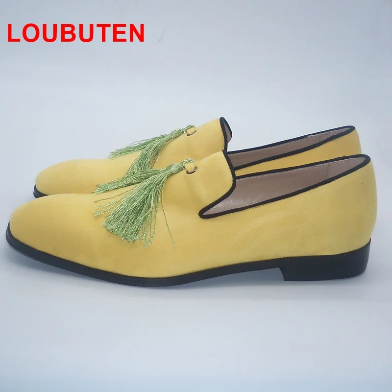 Туфли LOUBUTEN мужские с бахромой желтые бархатные Лоферы ручной работы модная