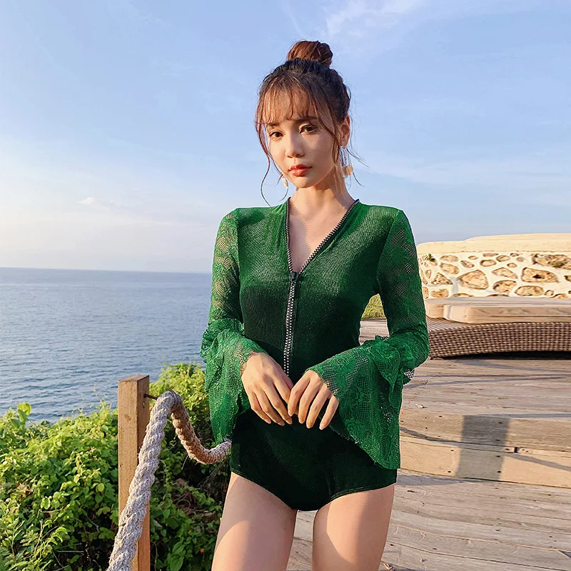 

One Piece Swimsuit Woman Bikini Fused Swimwear For Women Ins Windy Zipper Lace Long Sleeve Super Fairy Velvet Linkage Solid 2019