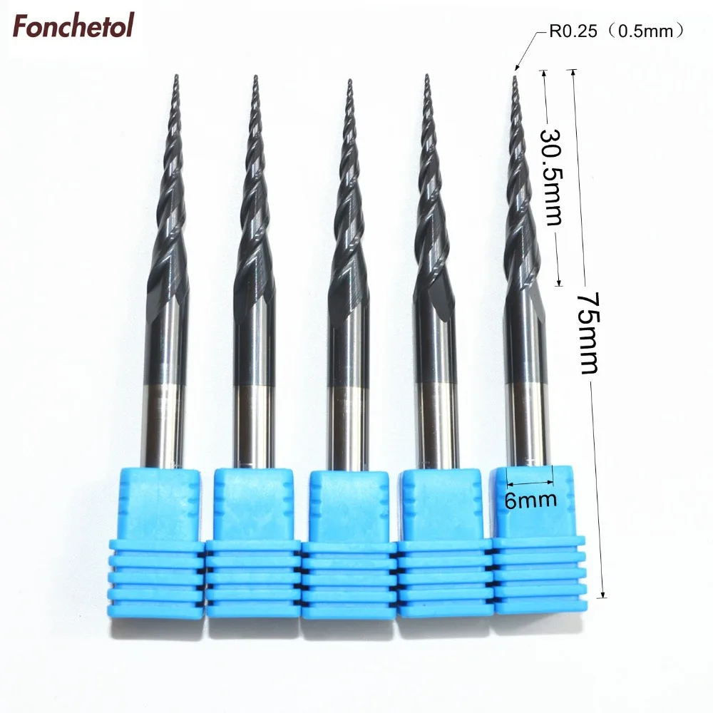 5pcs Carbide Tapered Ball Nose End Mill 30.5mm 2Flute For Carving CNC Cut Tools
