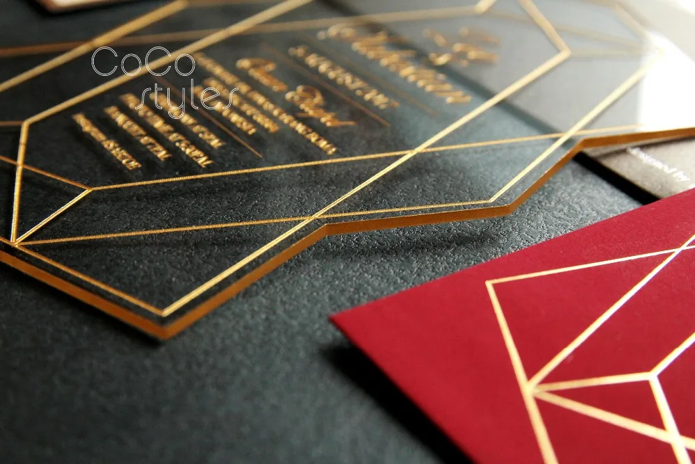  Cocostyles custom modern die cut geometric engraving acrylic invitation card with gold foiling enve - 32860416610
