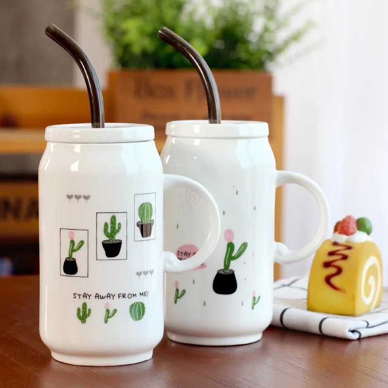 

New cactus mug with straw Coke cans modeling coffee milk mugs men's office ceramic cup tea