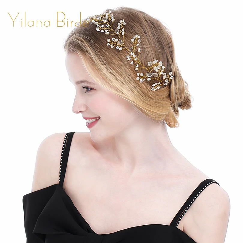 

28X6cm Gold Color Simulated-Pearl Crystal Copper Headband Wedding Hair Accessories Bride Tiaras Diamante Plant Hair Jewelry