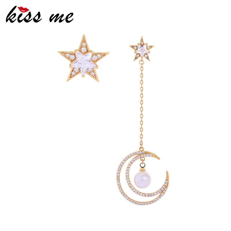 

Kiss Me Long Cute Star Shiny Crystals Moon Pendant Drop Earrings Asymmetry Women's Earring For Female Gift Accessories