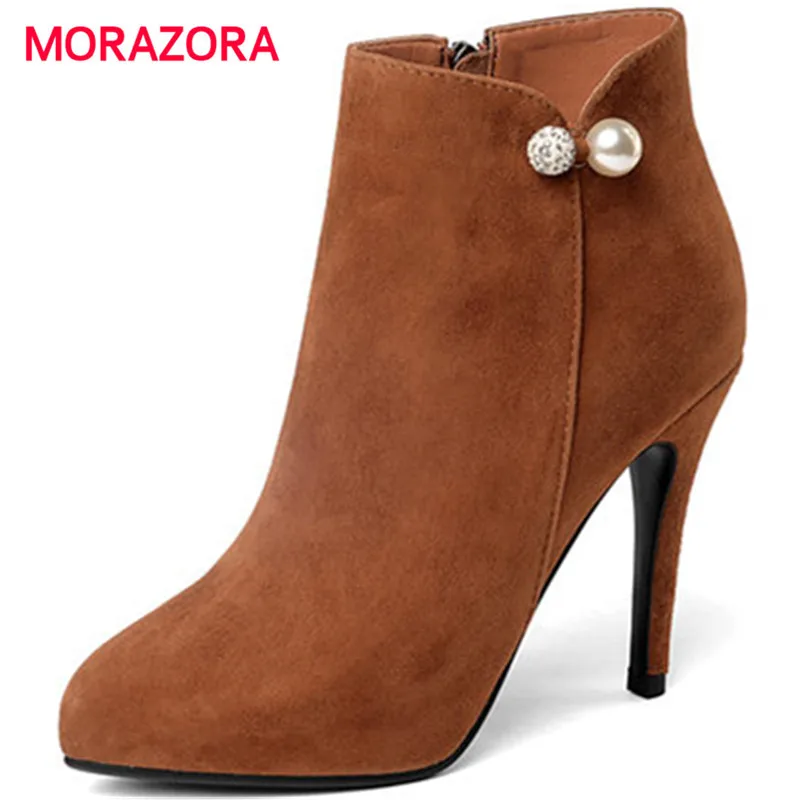 

MORAZORA 2018 new fashion super high heel platform boots pointed toe stiletto heel ankle boots for women kid suede leather boots