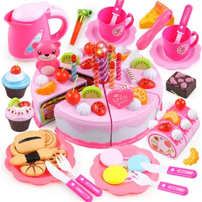 80Pc DIY Pretend Play Fruit Cutting Birthday Cake Kitchen Food Toys Cocina De Juguete Toy Pink Blue Girls Gift for Children