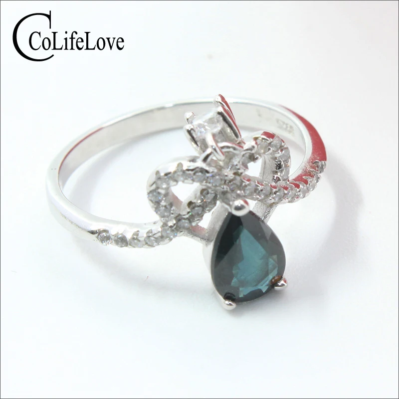 Романтический синий зеленый кольцо Sapphire 0.7 ct 5 мм * 7 мм природных Груша Cut кольцо с сапфиром Твердого 925 silver сапфир Корона кольцо