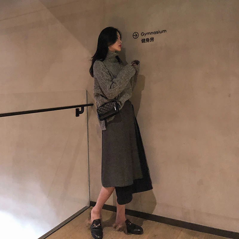 Mode Ceintures Jupe mollet Femme Automne Cru Patchwork Loisirs Gris Noir Laine Tempérament Femelle De Mi wCPqa