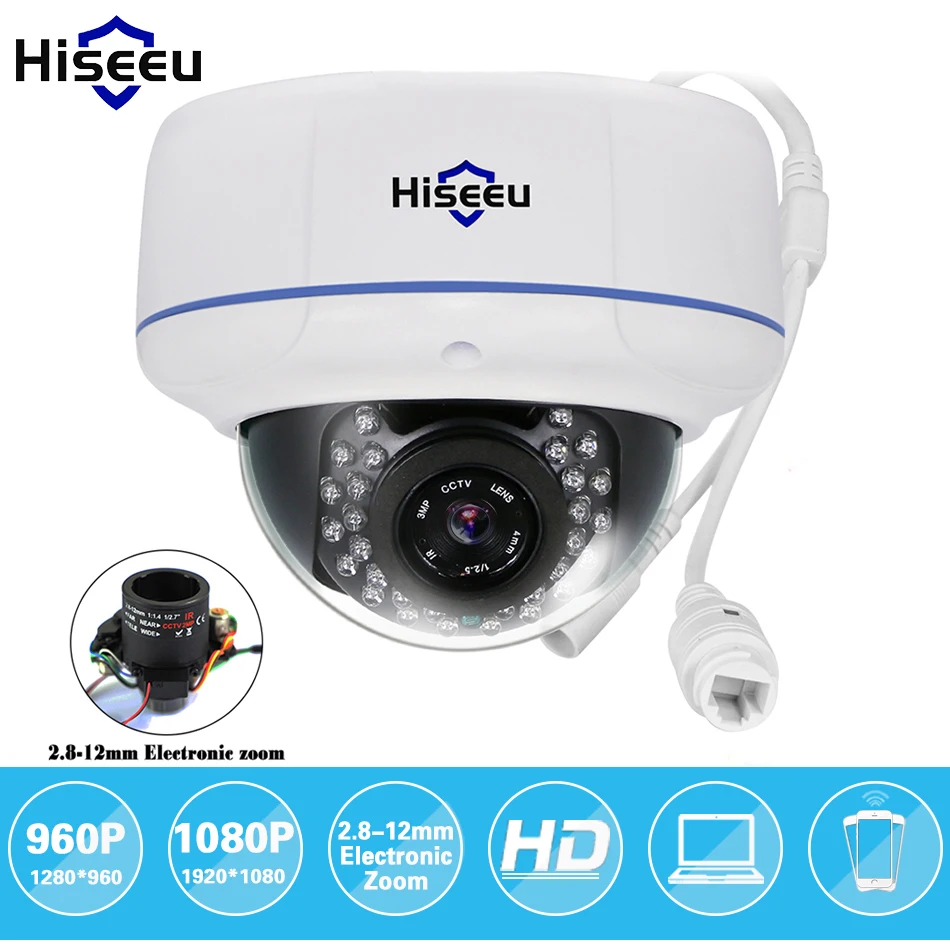 Hiseeu 960P 1080P HD POE Network IP Camera Motorized Zoom Auto IR-CUT Vandal-proof Dome WDR ONVIF 2.0 P2P Remote IP65 HCR9