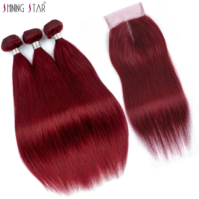 Блестящие Звездные цветные 99J индийские прямые человеческие волосы плетение бордовые пучки с закрытием 3 красные не пучки волос Remy с закрытием