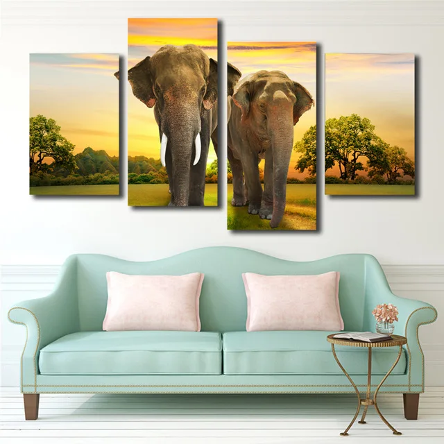 

4 piece Canvas Painting for Living Room Elephant Landscape Home Decoration Art Wall Pictures