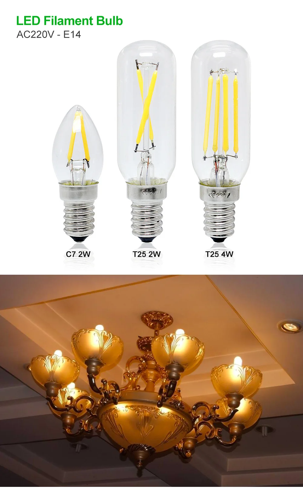 T25 C7 E14 светодиодный ламп накаливания высокой световой типа «Свеча»), 2 Вт, 4 Вт Ретро светодиодный Винтаж ночник переменного тока 220 V теплый