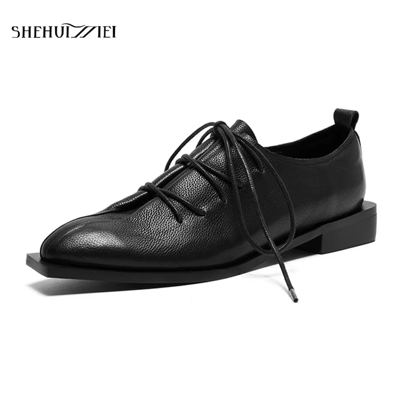 SHEHUIMEI New Handmade Shoes 2018 Black Loafers Women Shoes Casual Work Driving Shoes Woman Flats Genuine Leather Flat Plus Size SHEHUIMEI New Handmade Shoes 2018 Black Loafers Women Shoes Casual Work Driving Shoes Woman Flats Genuine Leather Flat Plus Size