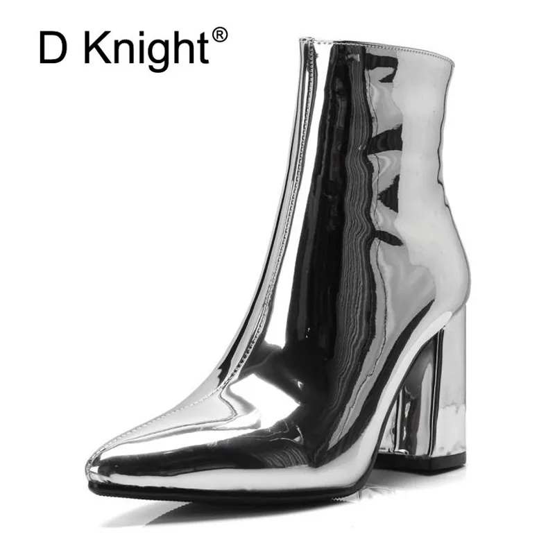 Pour Discothèque De P40 Pointu silver 42 Bottes Taille gold P40 Plus Bout Moto Noir Haut Sexy Talon Black Femmes Or Dame Cheville Argent P40 32 La Chaussures E29DWIH