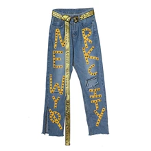 7mang новые весенние женские уличные джинсовые брюки с заклепками и вышивкой узкие вечерние синие джинсы с высокой талией в стиле панк 0301