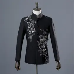 Черный цветочный блейзер Для мужчин Slim Fit Для мужчин Блейзер Hombre китайский Куртка с воротником для Для мужчин костюм Homme Для мужчин Пиджаки