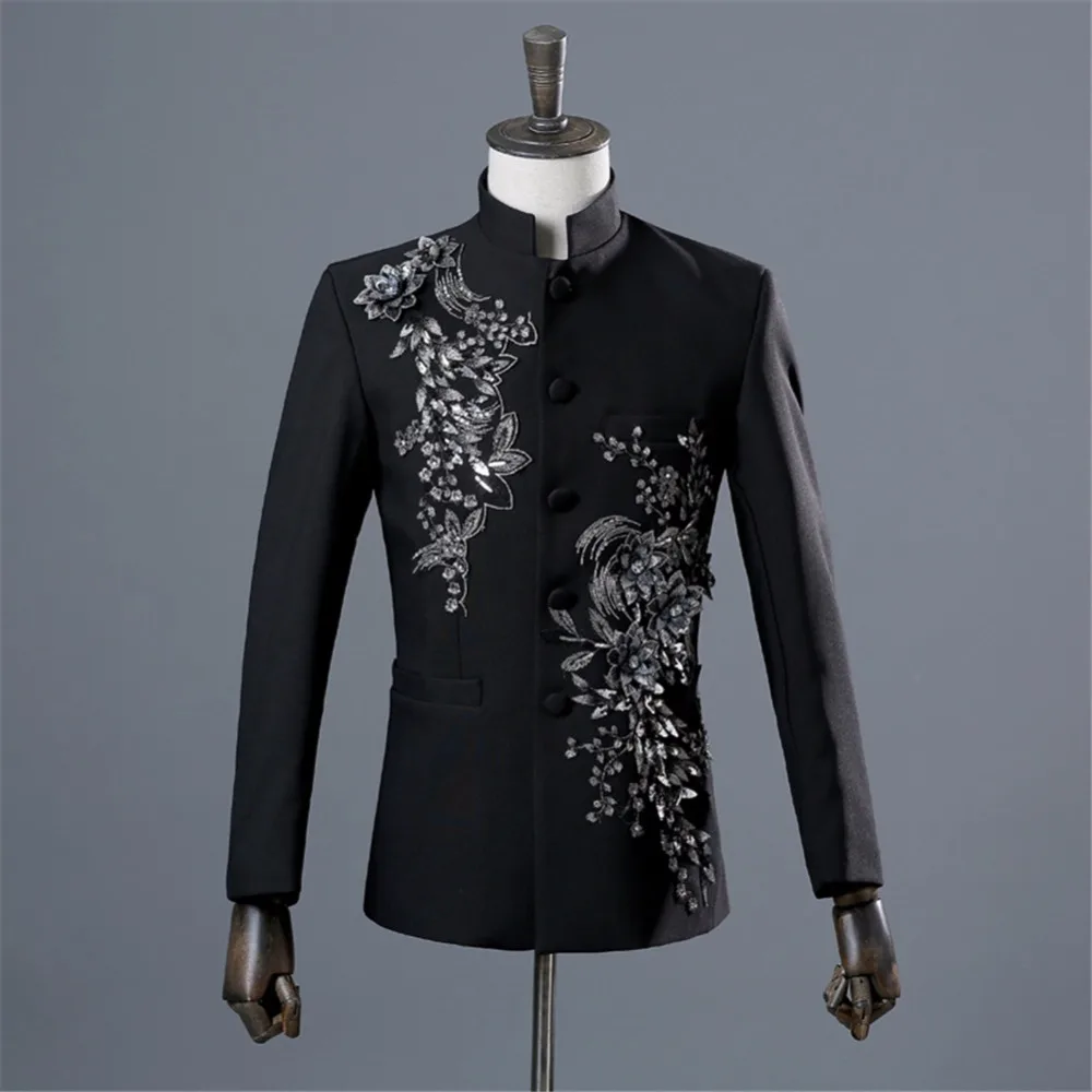 Black Floral Blazer Men Slim Fit Men's Blazer Hombre Chinese Collar