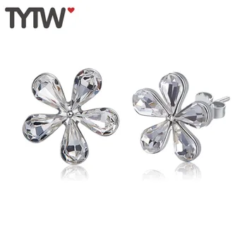 

TYTW Classical Women Stud Earring 925 Sterling Silver Crystals form Austrian Flower Earring crystal Simple Girl Jewelry