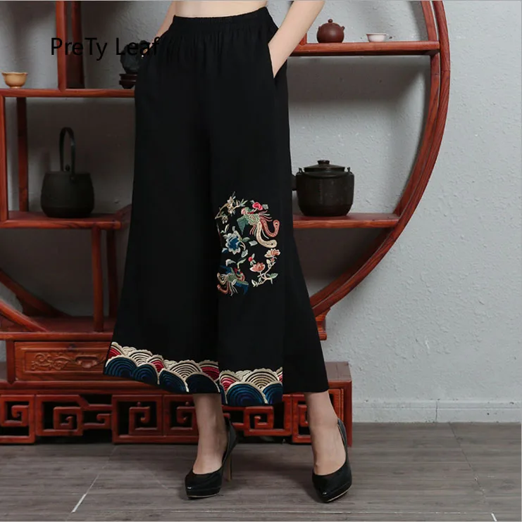 2018 new cotton and linen retro embroidered wide leg pantsin Pants & Capris from Women's