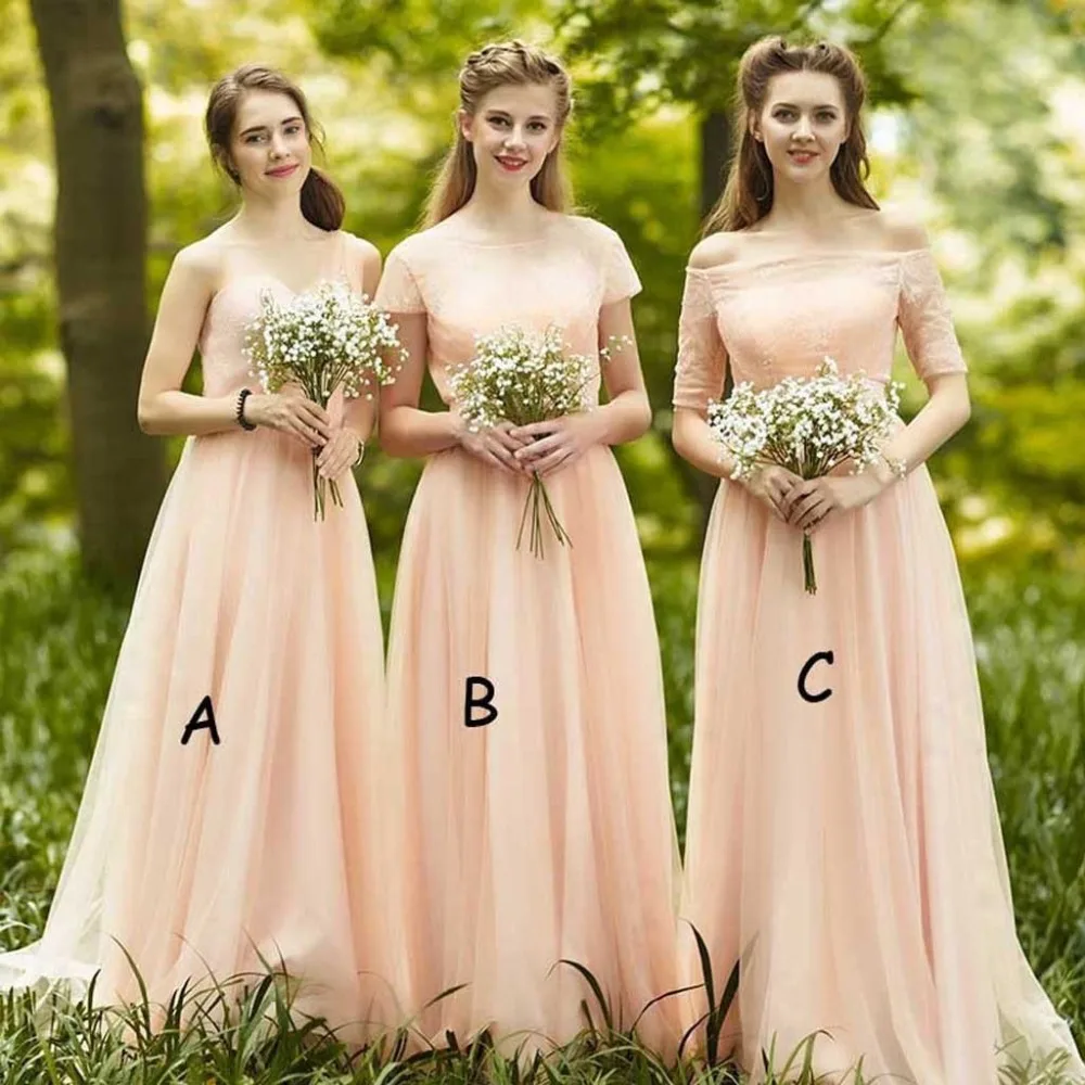 

Fairy Light Peach Mixmatch Junior Bridesmaid Dresses Off The Shoulder A Line Bateau Tulle Lace Up Maid of Honor Dress 2019 Cheap