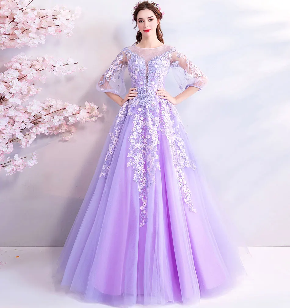 Flower fairy illusion evening dress long embroidery full sleeves Prom gown Junior girls birthday party dress vestido de festa