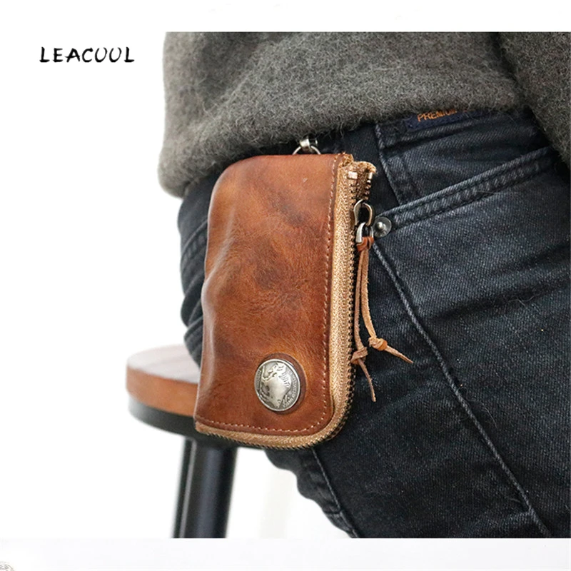 

LEACOOL Genuine Leather Key Wallet Men Male Multi Function Zipper Car Key Bag Case Card Holder Coin Purse Organizer Housekeeper