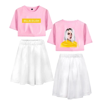 

Billie Eilish print cool Sunmer Casual 2 Pic Skirts Sets Short Sleeve+Short Skirt Fashion Streetwear Summer Women Sets Nave