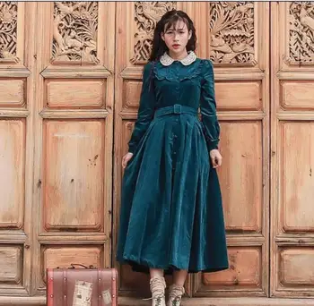 

Vintage style long sleeve Corduroy dress female peter pan collar slim high waist dress 2019 autumn new clothes gx1555