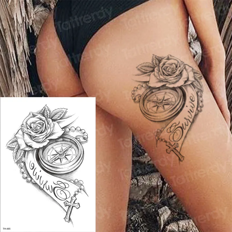 Временные татуировки, роза, девушка, тату, тело, бедра, ноги, тату, сексуальные, летние, тату, большая вода, Переводные, тату, компас, крест, 3D татуировки на руку