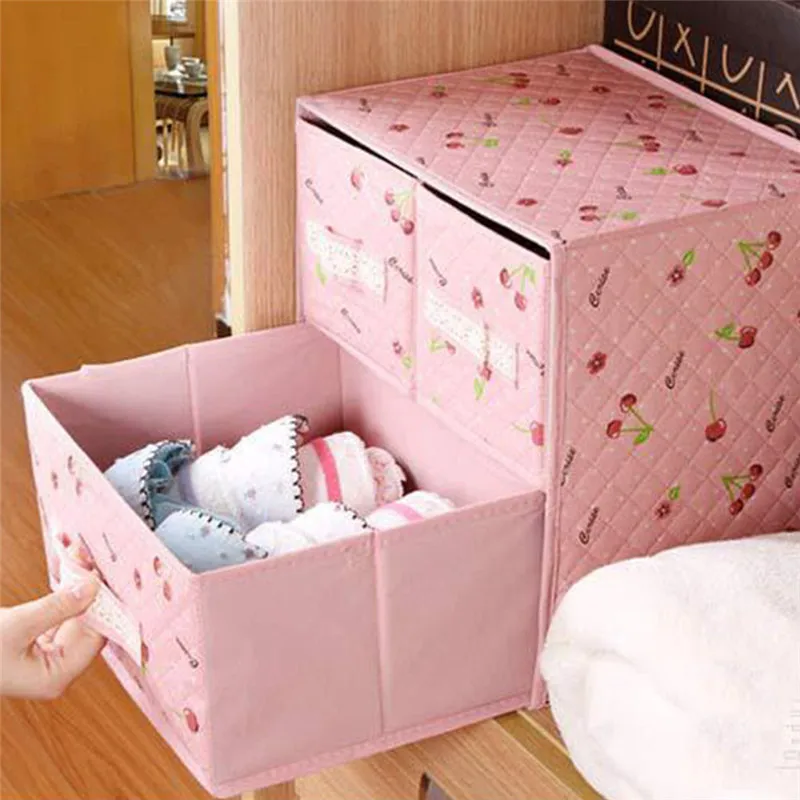

Lace Non-woven Two Layer Three Drawer Bra Organizer Underwear Classified Storage Box Sundries Container Pink Color