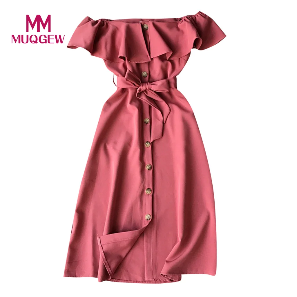 

Women's Summer Casual Off Shoulder Button Sashes Party Dresses Swing Summer Dress camisas mujer vestidos robe femme ete 2019