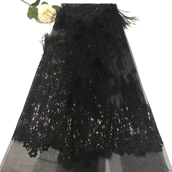 

HFX Latest Design Off black Tulle Sequins Lace Fabric For Bridal Evening Show Dresses Sewing Craft New Fashion X297-2