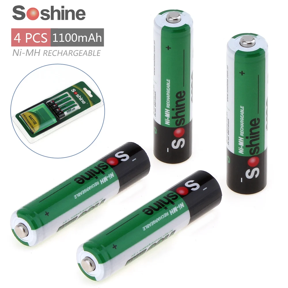 4pcs Soshine 1100mAh 1.2V AAA Battery Ni MH NiMH Rechargeable Battery