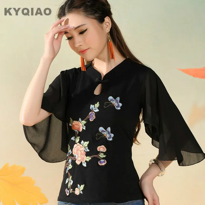 

KYQIAO Mexico style ethnic ruffles sleeve stand collar black embroidery shirt 2019 vintage boho frog shirt top blusa