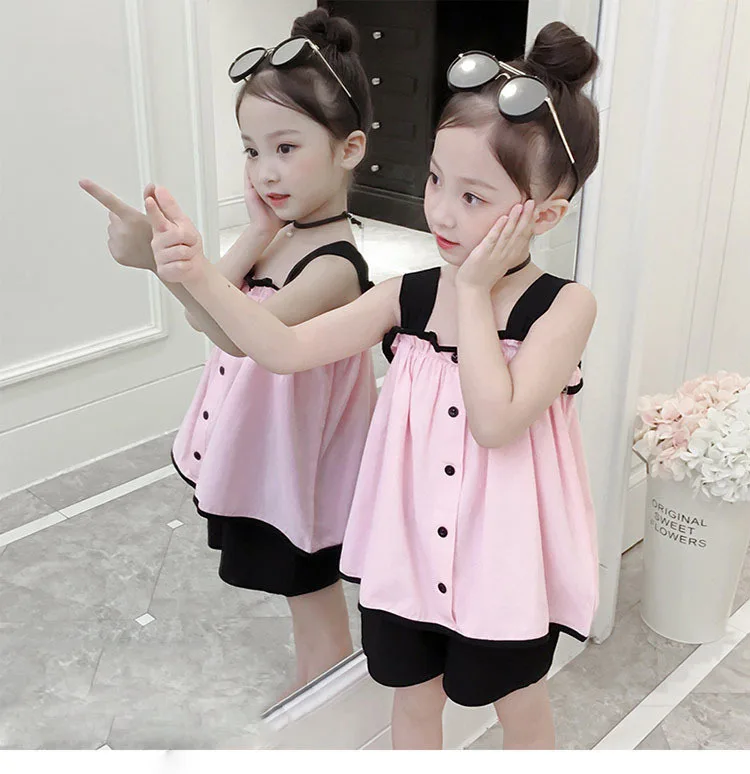 baby kids set girls summer 2019 teenage girls clothing set sleeveless blouses tops and short girls outfits green beige pink  4 5 6 7 8 9 10 11 12 13 14 15 16 years little toddler girls cloths set girls boutique sets (1).jpg