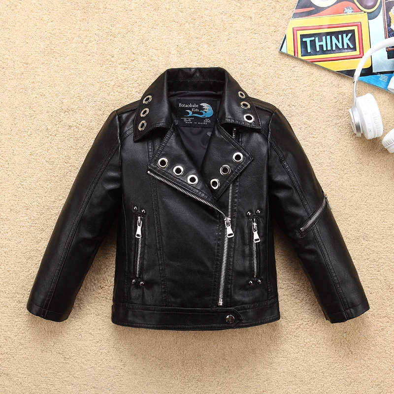 

Fashion Cool Design Wind-proof Soft Girls Leather Jacket Turn Down Collar Leather for Autumn Winter Kids Motor Coat Bomber
